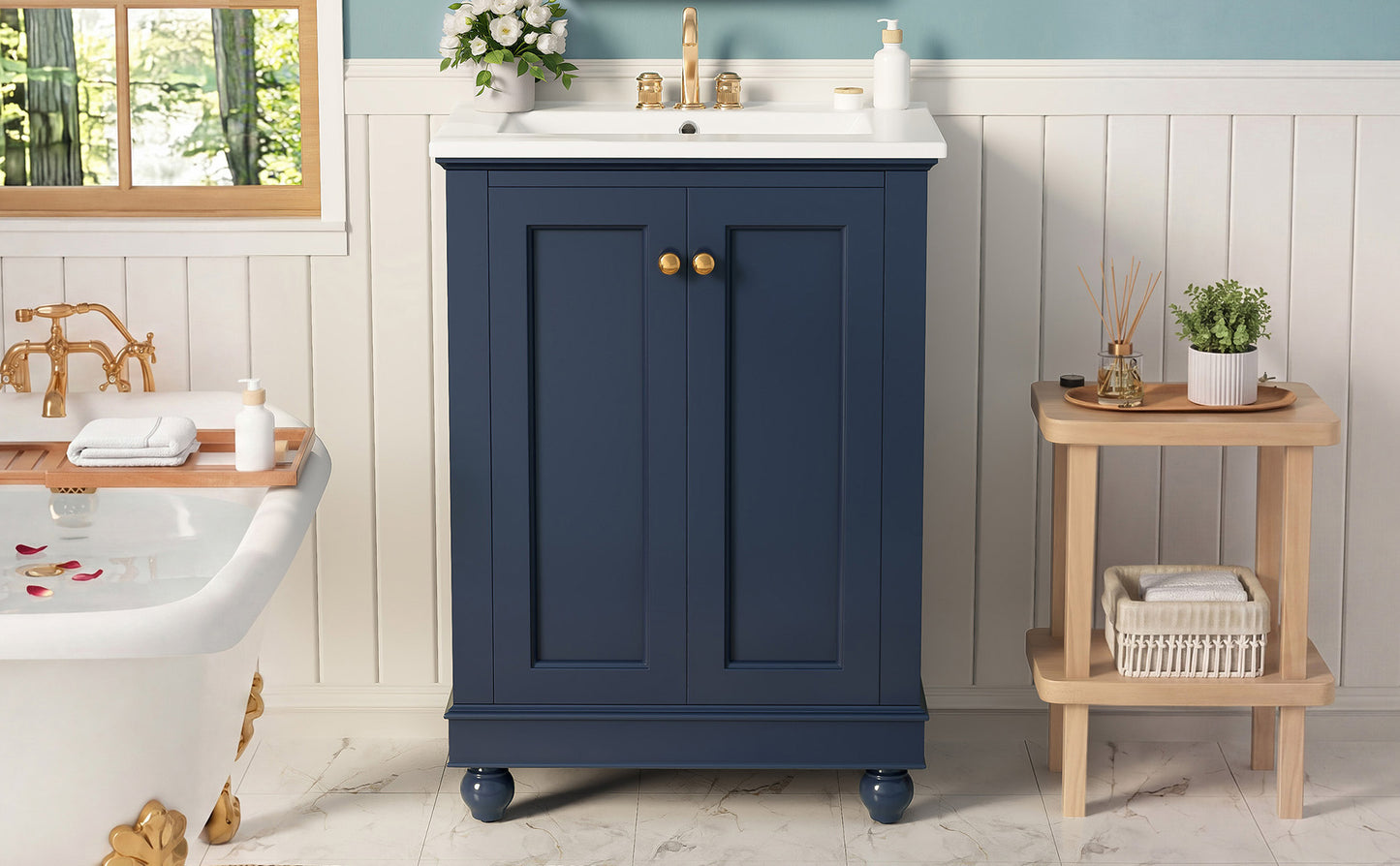 24-Inch Blue Bathroom Vanity Cabinet with Ceramic Sink