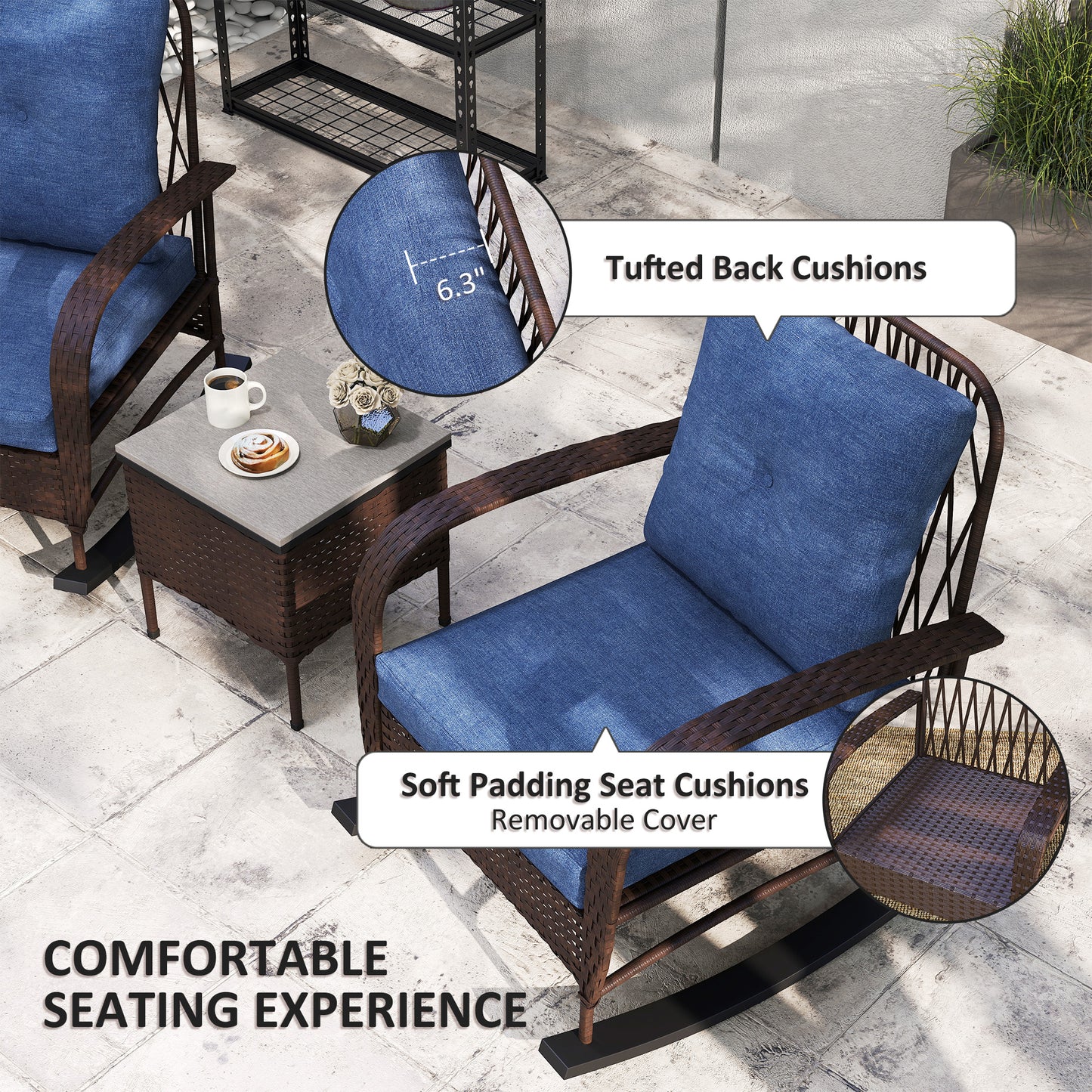 3-Piece Wicker Patio Furniture Set - Brown Rocking Chairs with Table