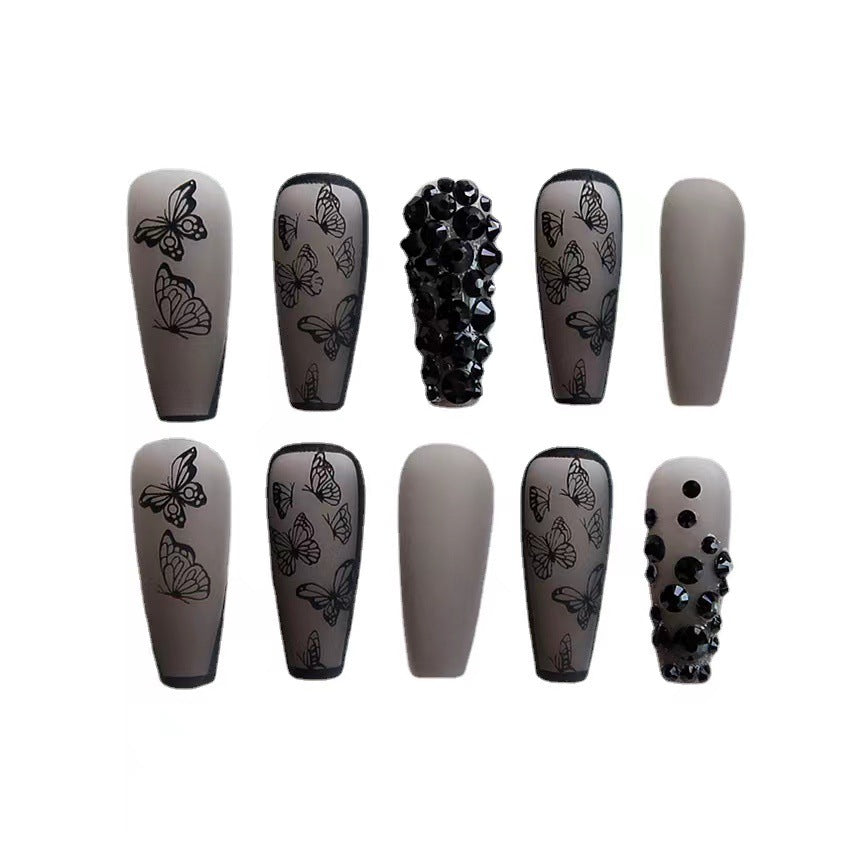 Long Fake Nail Set - Black Frosted Butterfly Design, Removable Armor Style