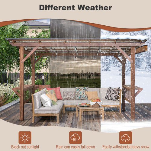 Wooden Pergola Grill Gazebo with Metal Roof, Bulbs & Bar Counters - 13x6.5 Feet