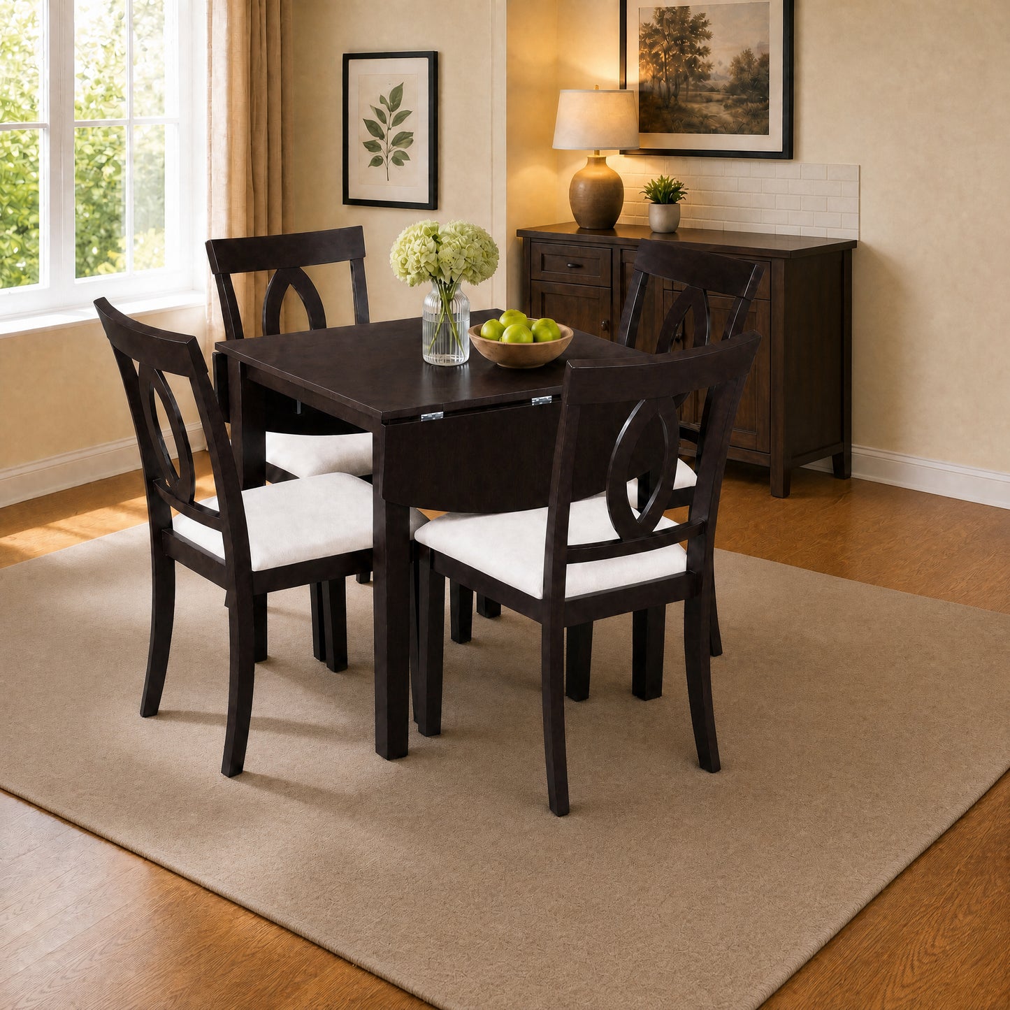 Drop Leaf Dining Table Set with 2 Upholstered Chairs - Dark Brown