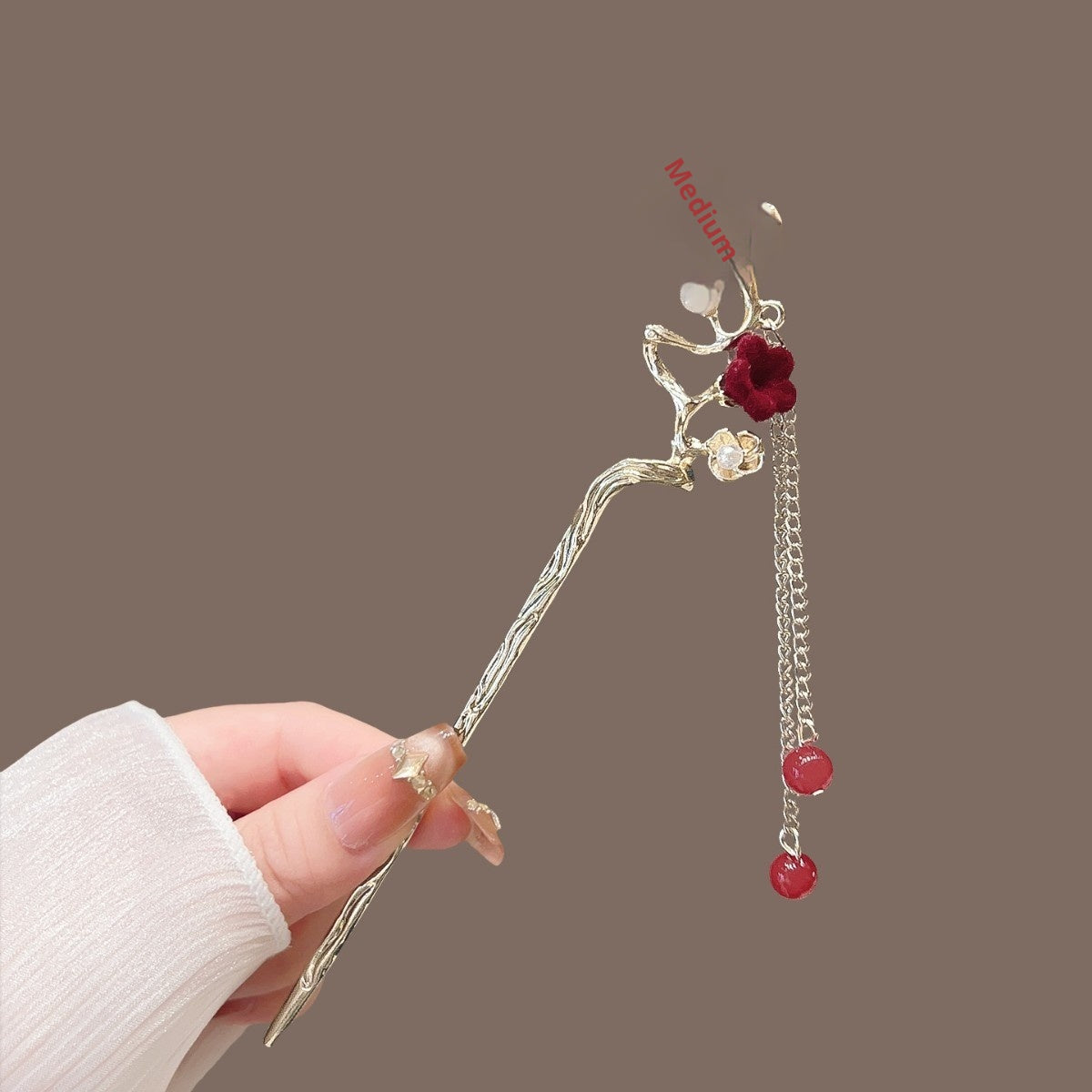 Vintage Floral Hair Stick with Red Flowers and Gold Leaves - Women’s Hair Accessory