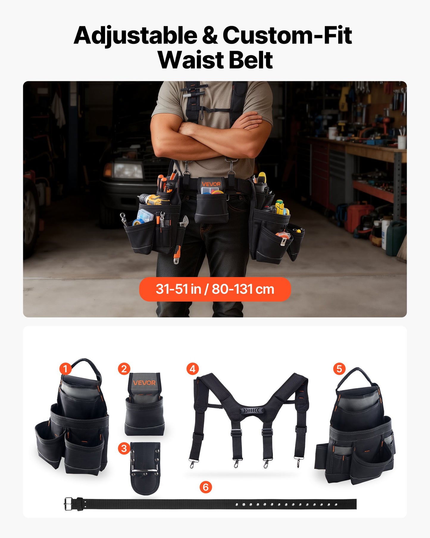Heavy Duty Tool Belt with 19 Pockets for Construction & Carpentry - Adjustable Waist 31-51in