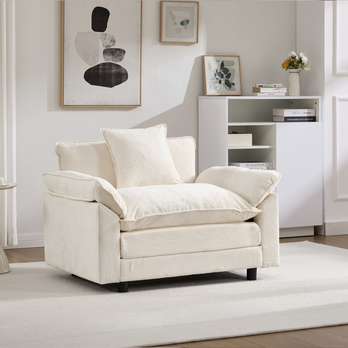 Modern Chenille Accent Chair with Ottoman - Beige Upholstered Armchair