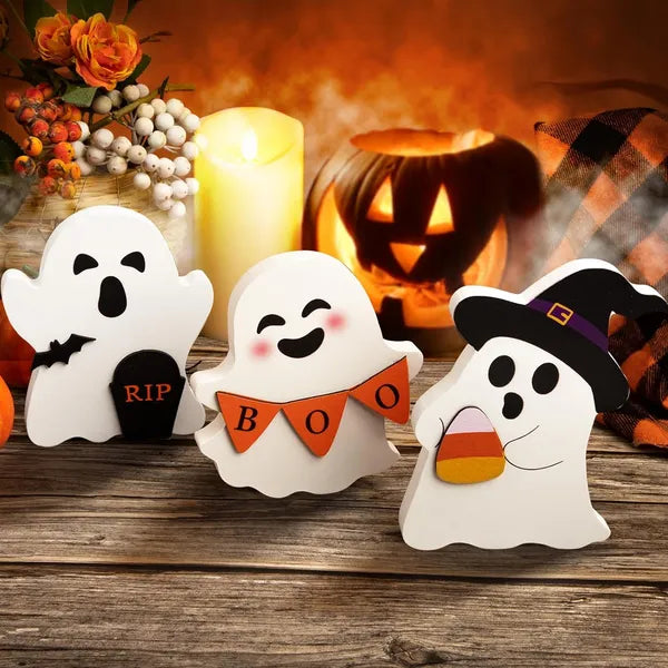 Cute Ghost Halloween Decorations Set - Wooden Signs for Tiered Tray