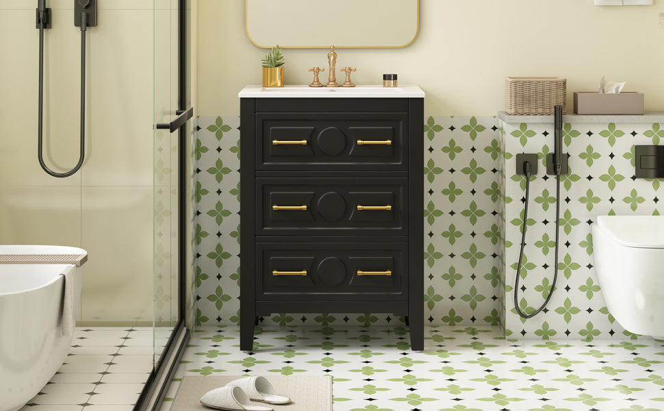 24'' Bathroom Vanity with Ceramic Sink - Black, 3 Drawers