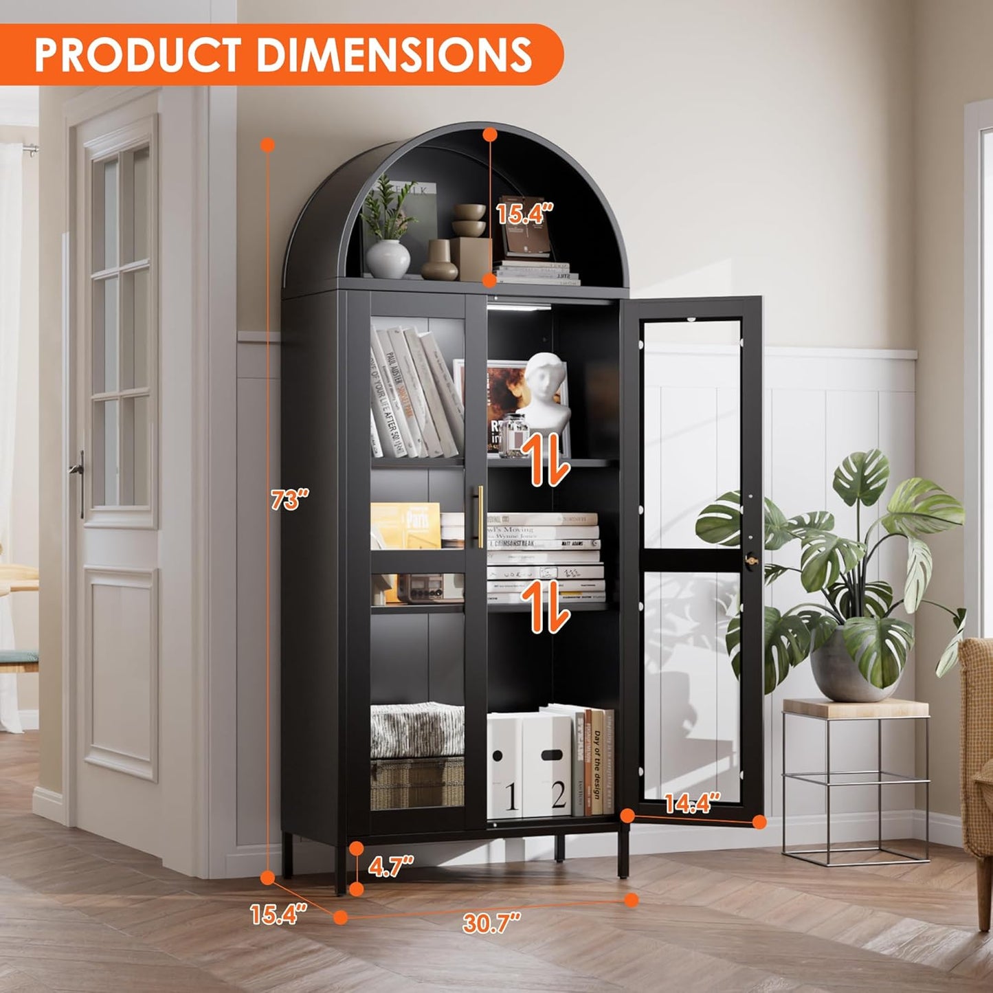 Arched Glass Door Storage Cabinet with LED Lights - Black