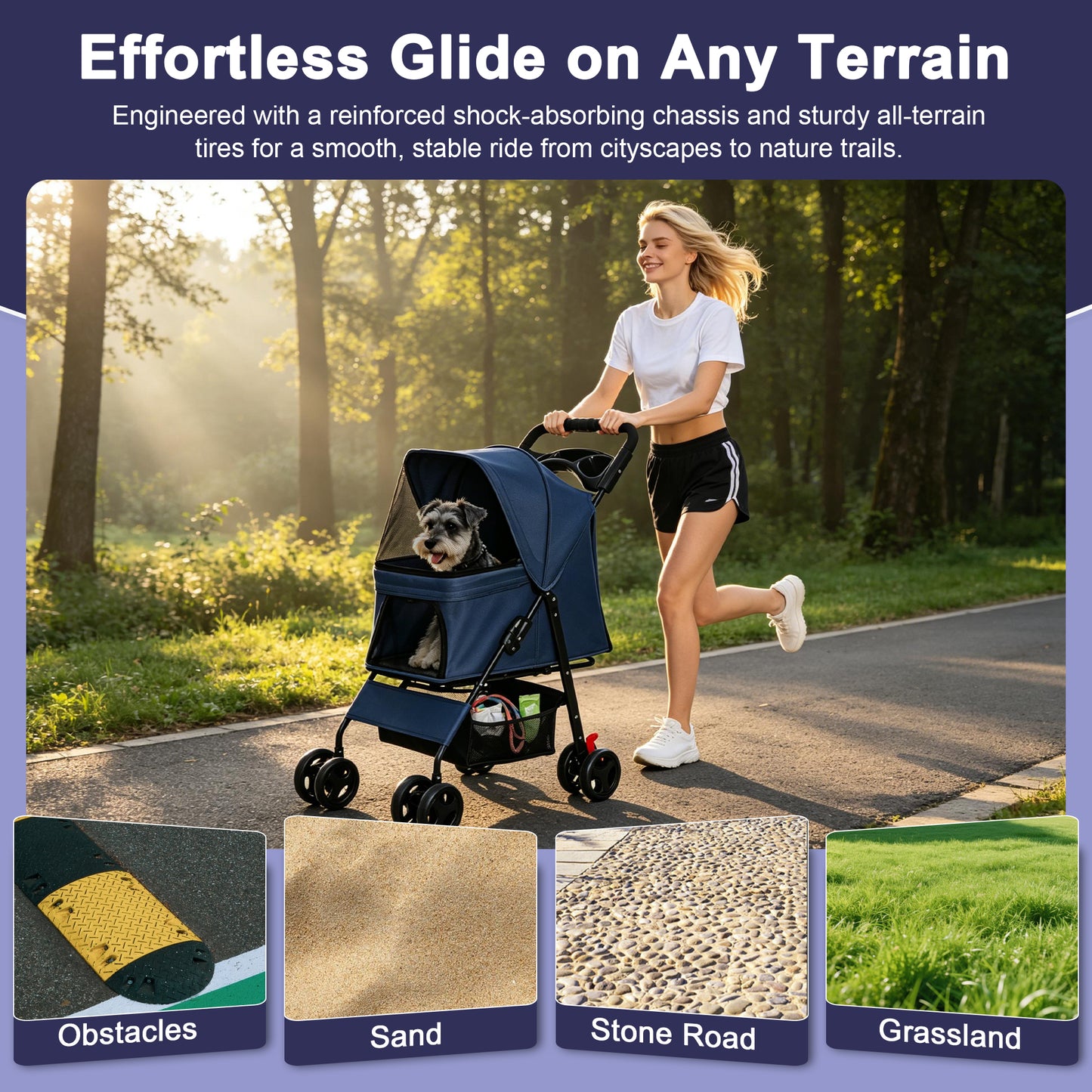 Foldable Pet Stroller for Small Dogs and Cats - Blue, 28 lbs Capacity