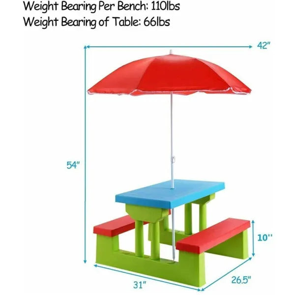 Kids Picnic Table Set with Removable UV Protection Umbrella - Green