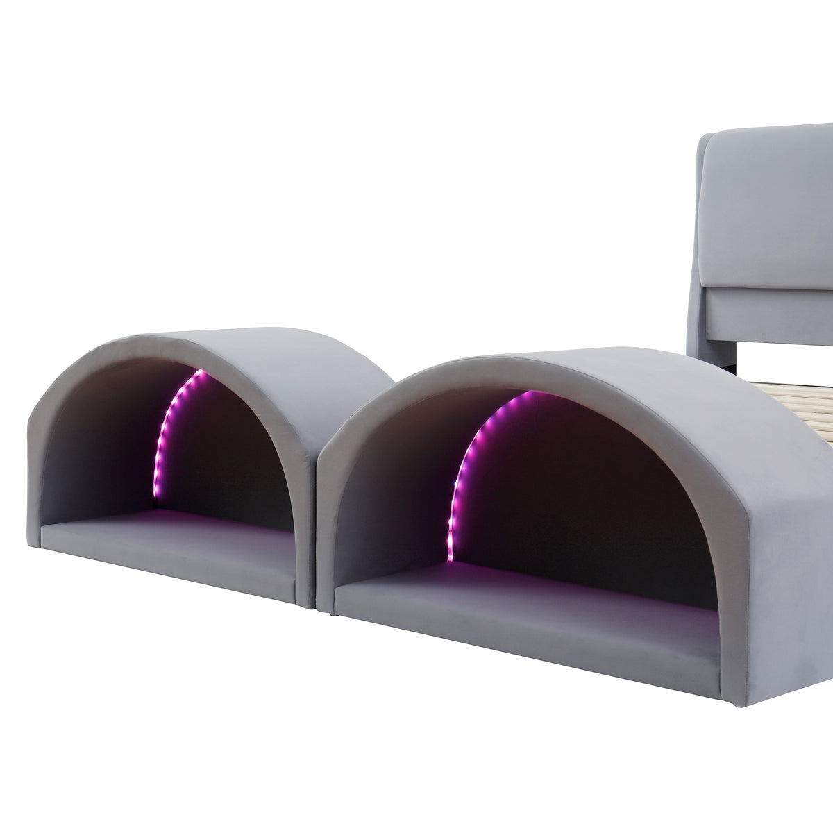Queen Size Upholstered Platform Bed Frame with Dual Cat Caves & LED Pet Nests - Gray
