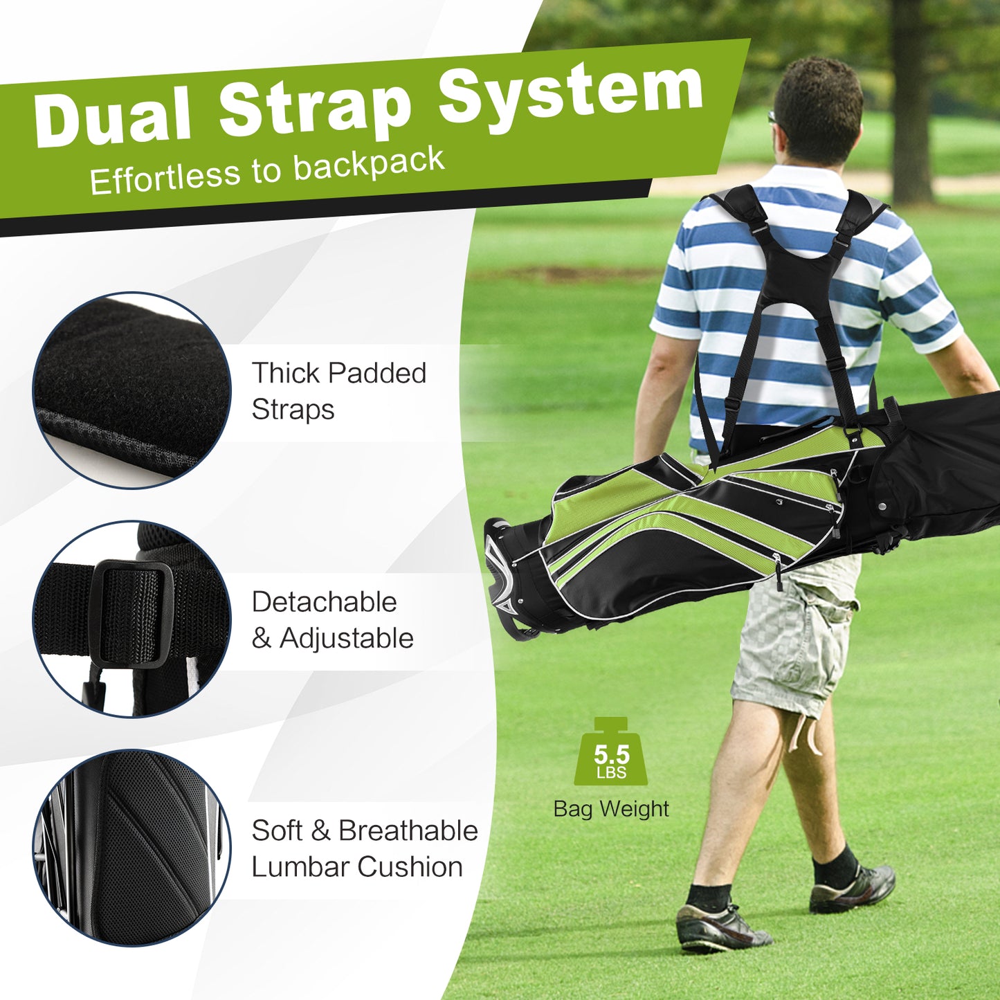 Golf Stand Cart Bag with 6-Way Divider & 8 Pockets - Green