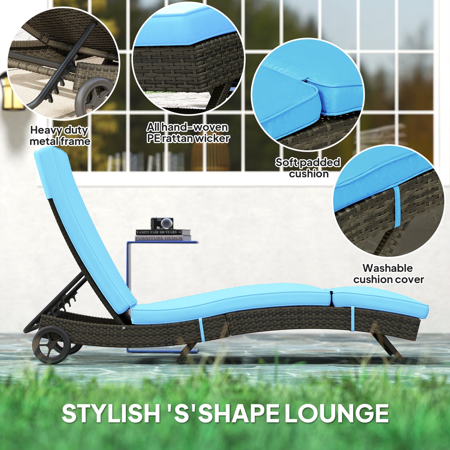 Outdoor PE Rattan Chaise Lounge Chair with Adjustable Backrest - Sky Blue
