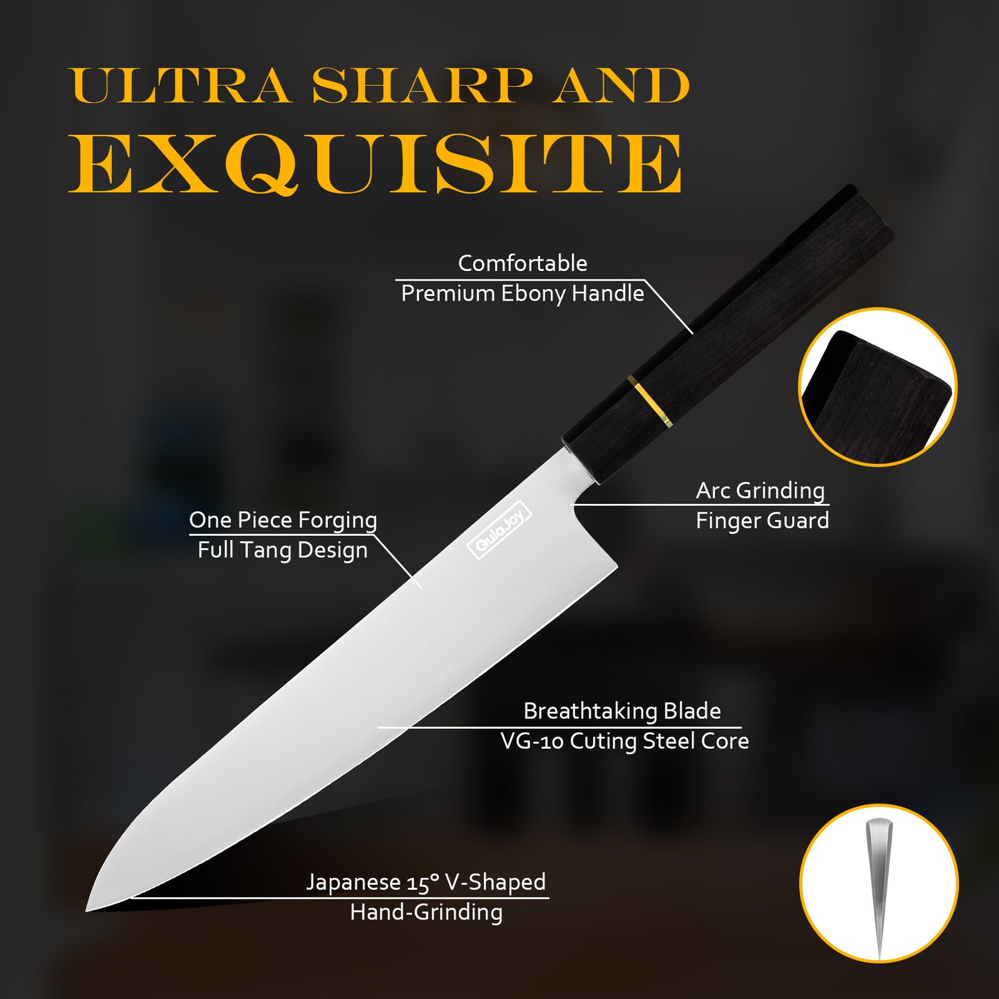 Japanese Gyuto Chef Knife - 9 Inch VG-10 Steel Blade with Ebony Handle