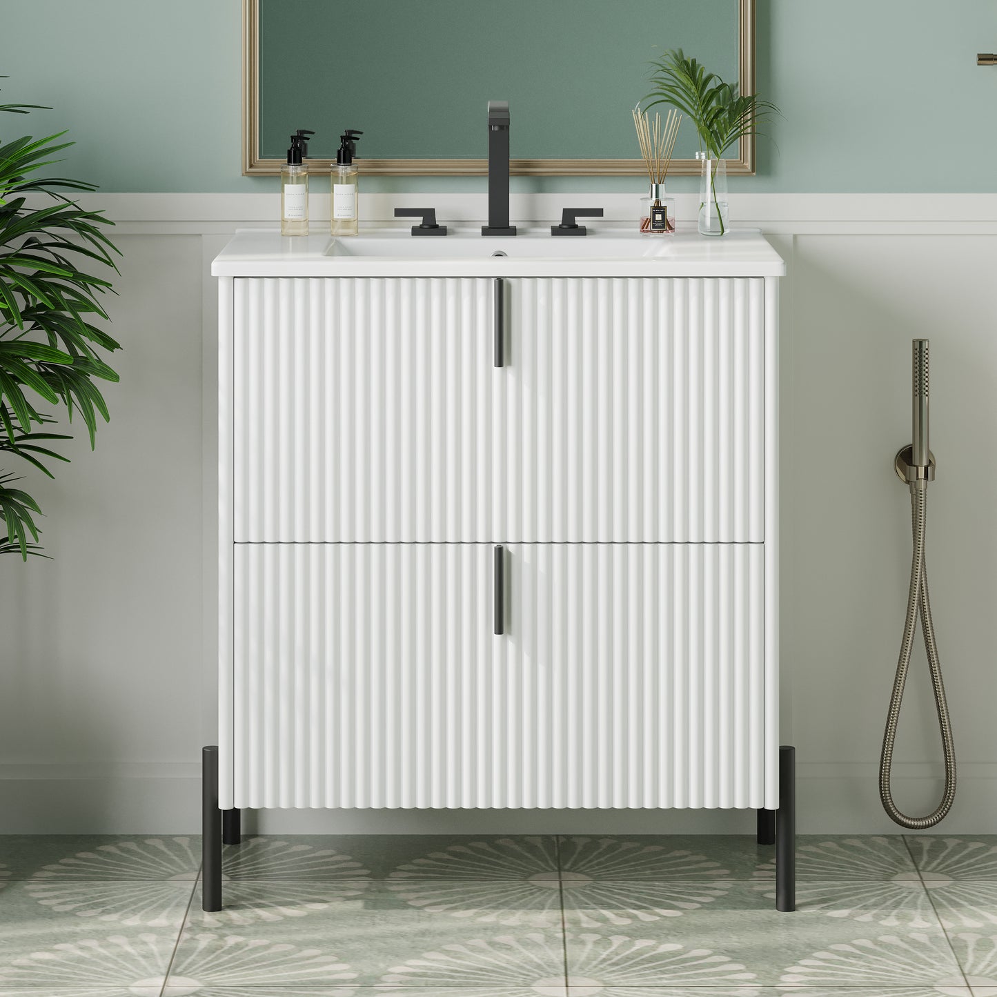 30" White Bathroom Vanity with Ceramic Sink & Full-Extension Drawers