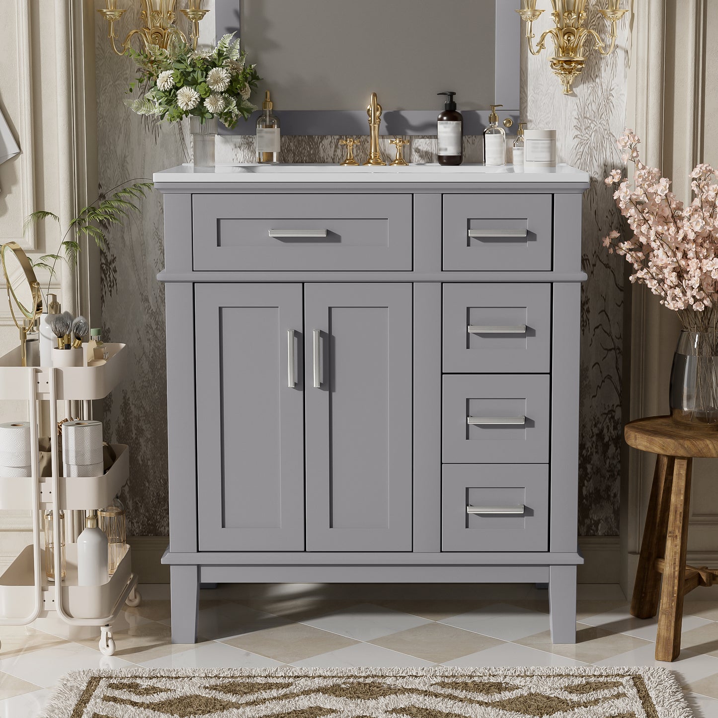 30" Bathroom Vanity with Ceramic Sink & Soft-Close Doors - Grey