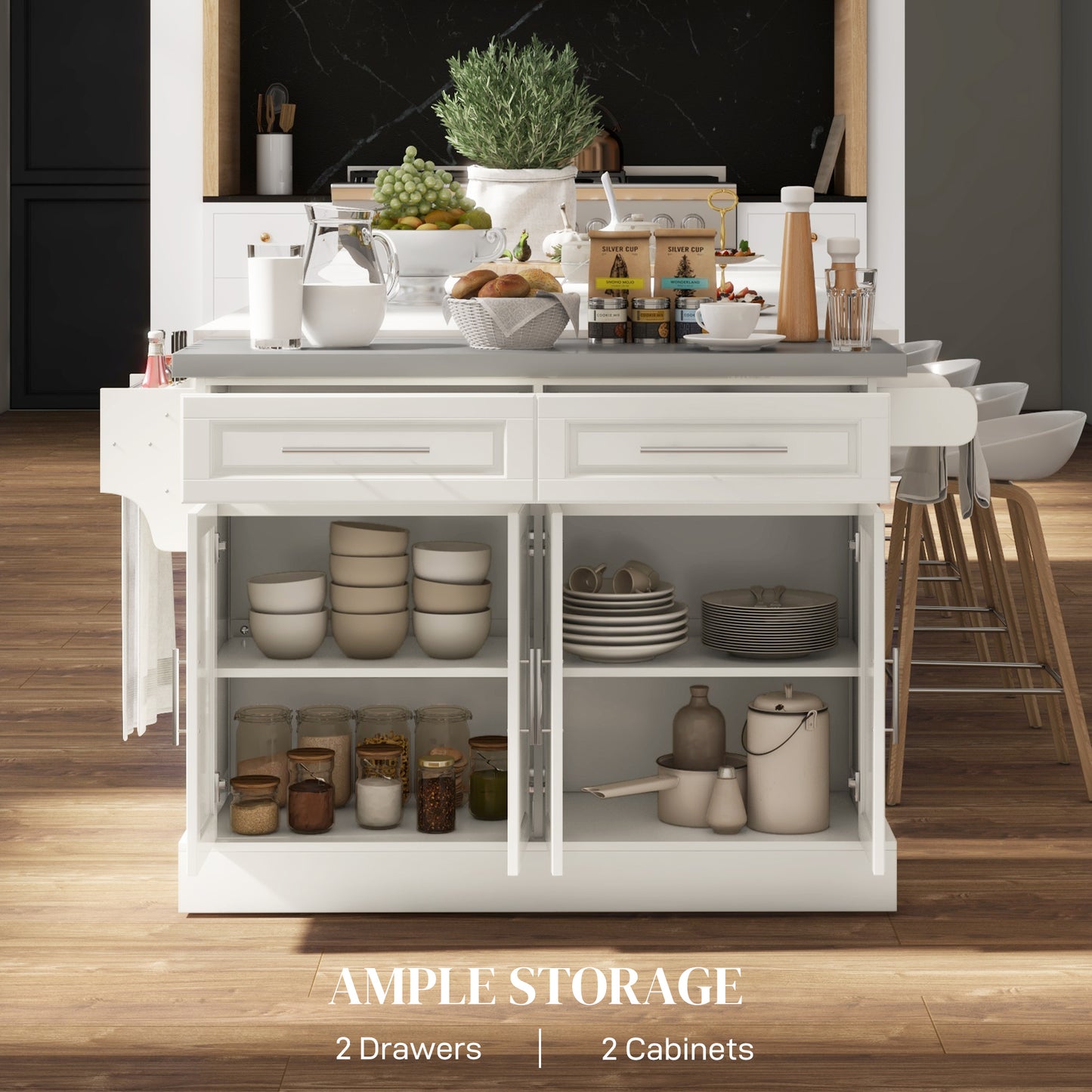 Rolling Kitchen Island Cart with Stainless Steel Top - Cream White