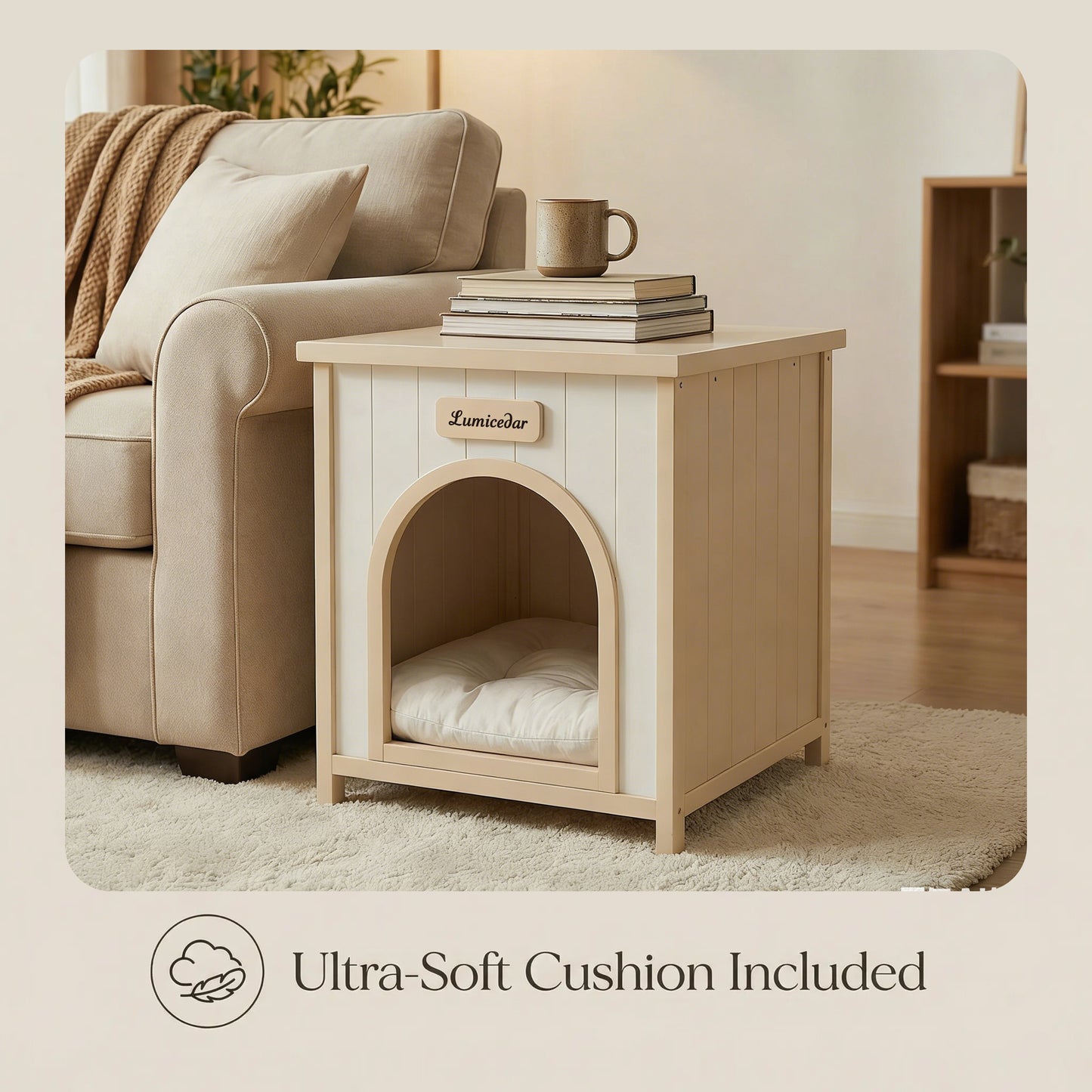Indoor Wooden Dog House with Removable Cushion - Small Pet Shelter, Scandinavian Design