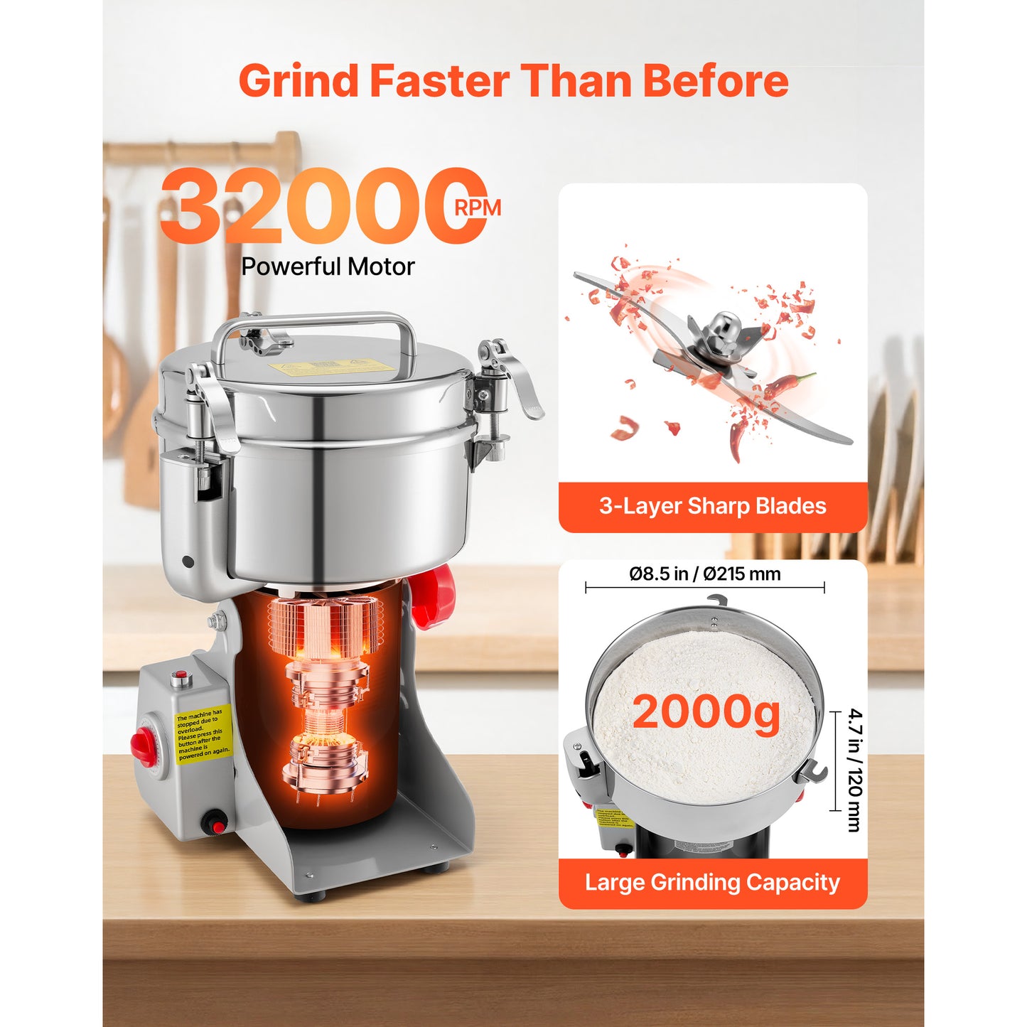 2000g Electric Grain Mill Grinder 3400W High-Speed Spice & Coffee Pulverizer