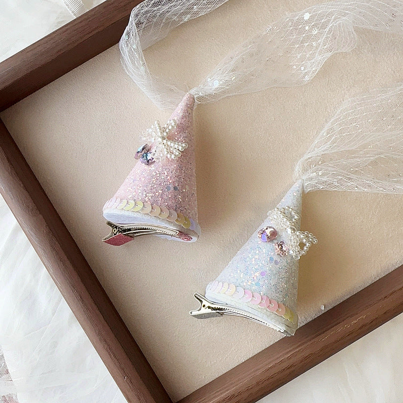 Children's Birthday Hat Hair Clip - Pearl & Feather