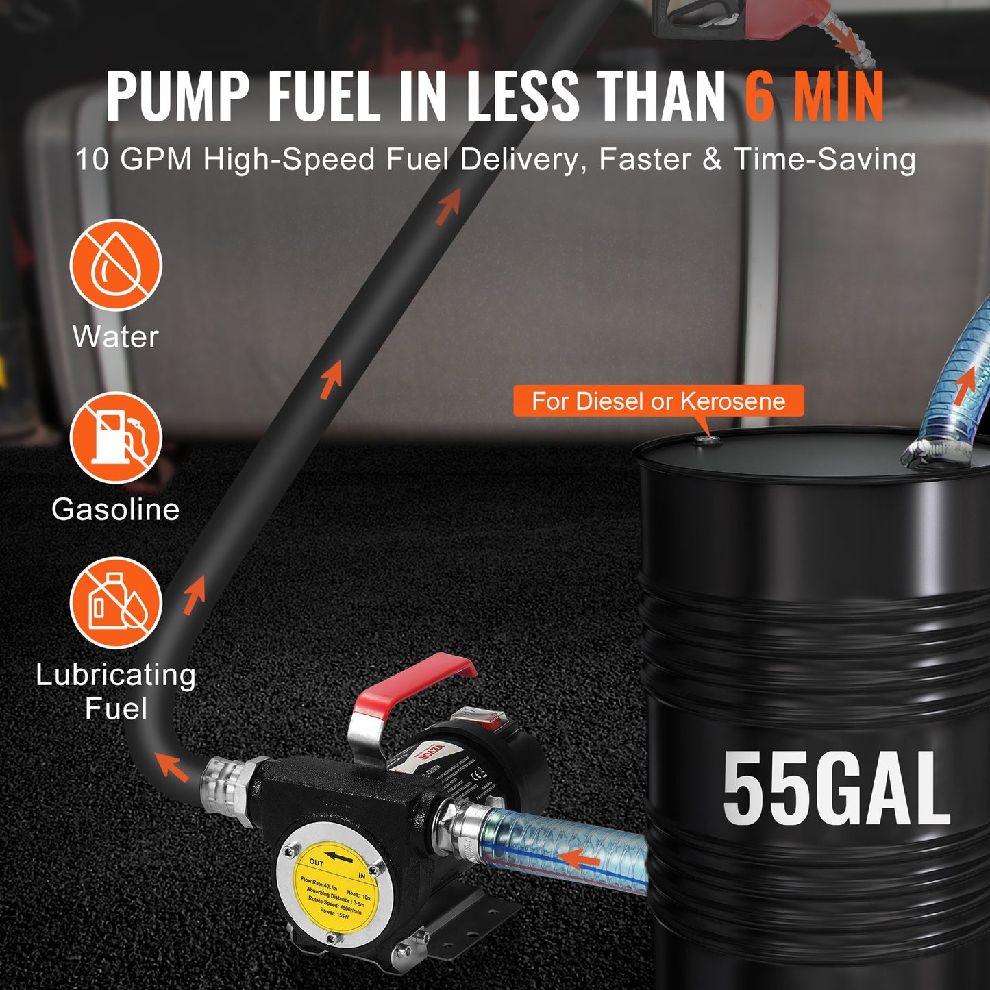 12V Diesel Transfer Pump with Auto Nozzle - 10 GPM Portable Fuel Pump