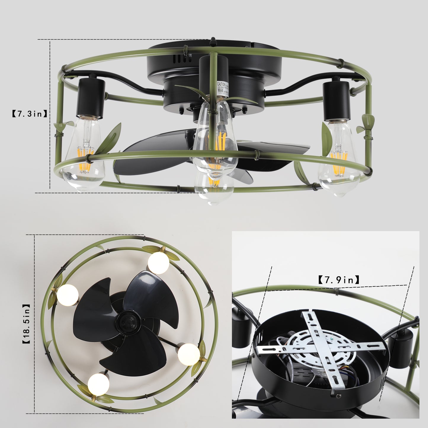 Industrial Ceiling Fan with Light - 3-Light Flush Mount Design