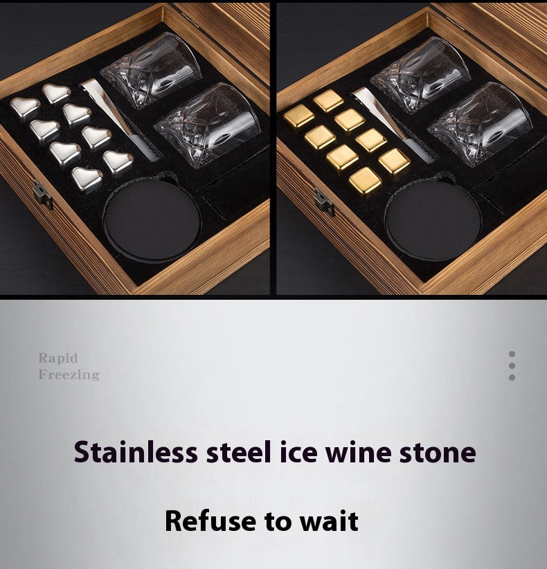 Stainless Steel Wooden Ice Cube Box Set with Cups and Accessories