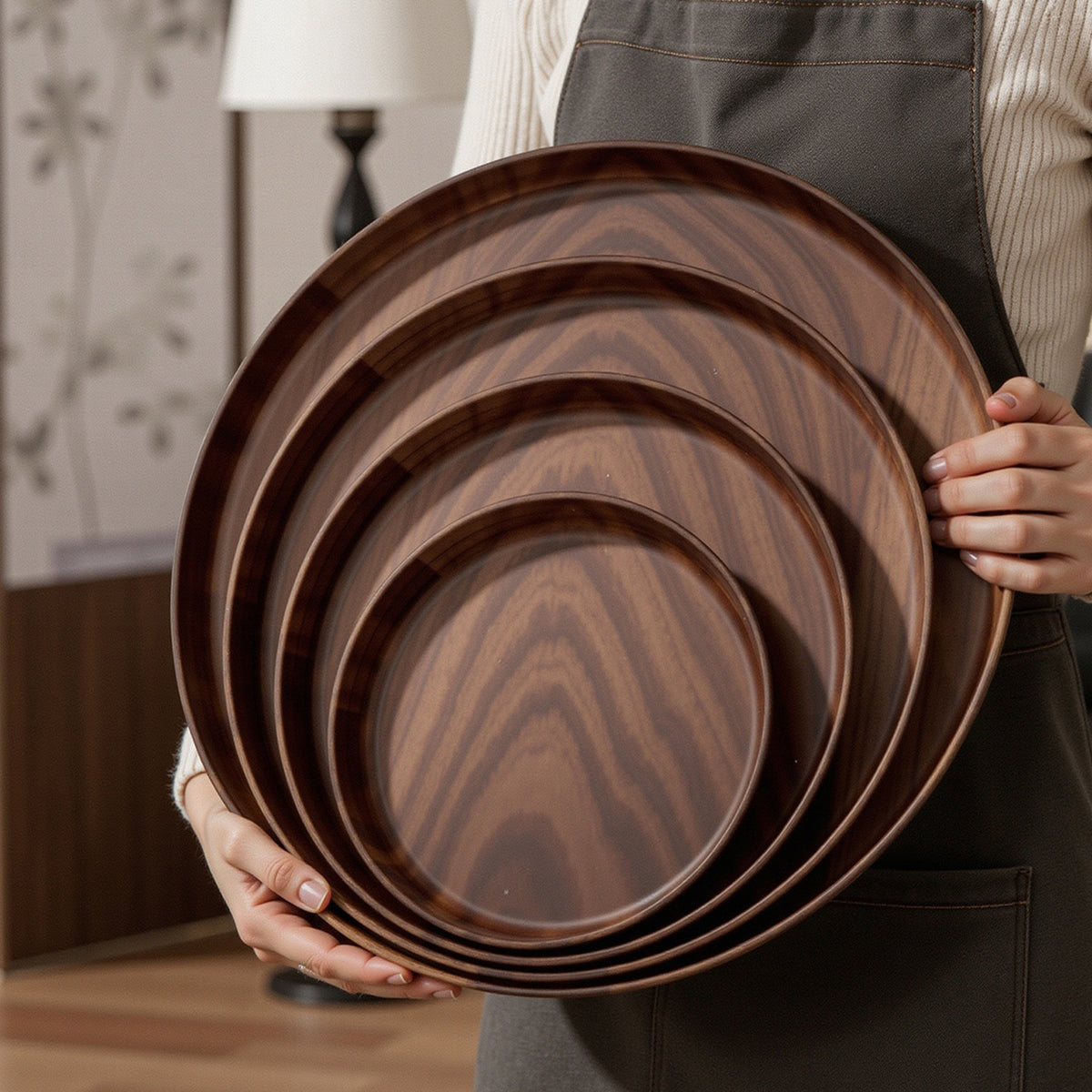 Wood Grain Round Tray Multi-Purpose Dining Plate for Home Use