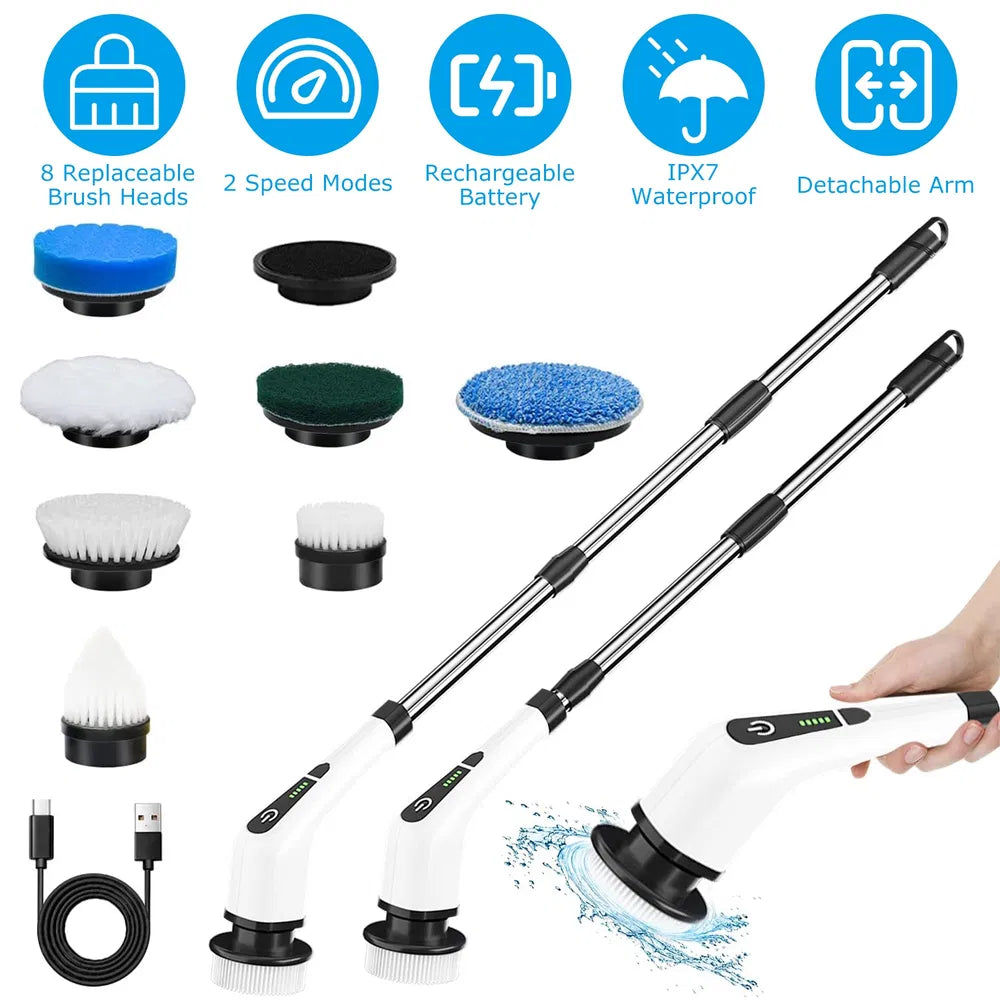 Electric Spin Scrubber Cordless Cleaning Brush with 8 Replacement Heads & Adjustable Extension