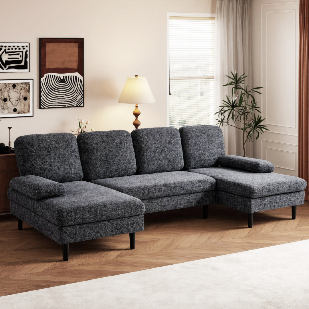 U-Shaped Sectional Sofa - Dark Grey Chenille Fabric, 4-Seater