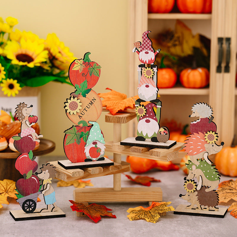 Harvest Season Wooden Christmas Ornaments Set - Hedgehog, Pumpkin, Apple & Doll Styles