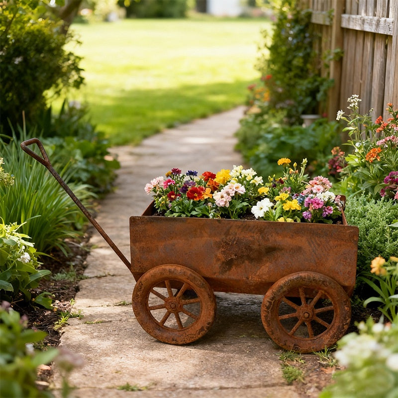 Rustic Metal Wheelbarrow Flower Pot for Outdoor Garden Decor - Cart Style