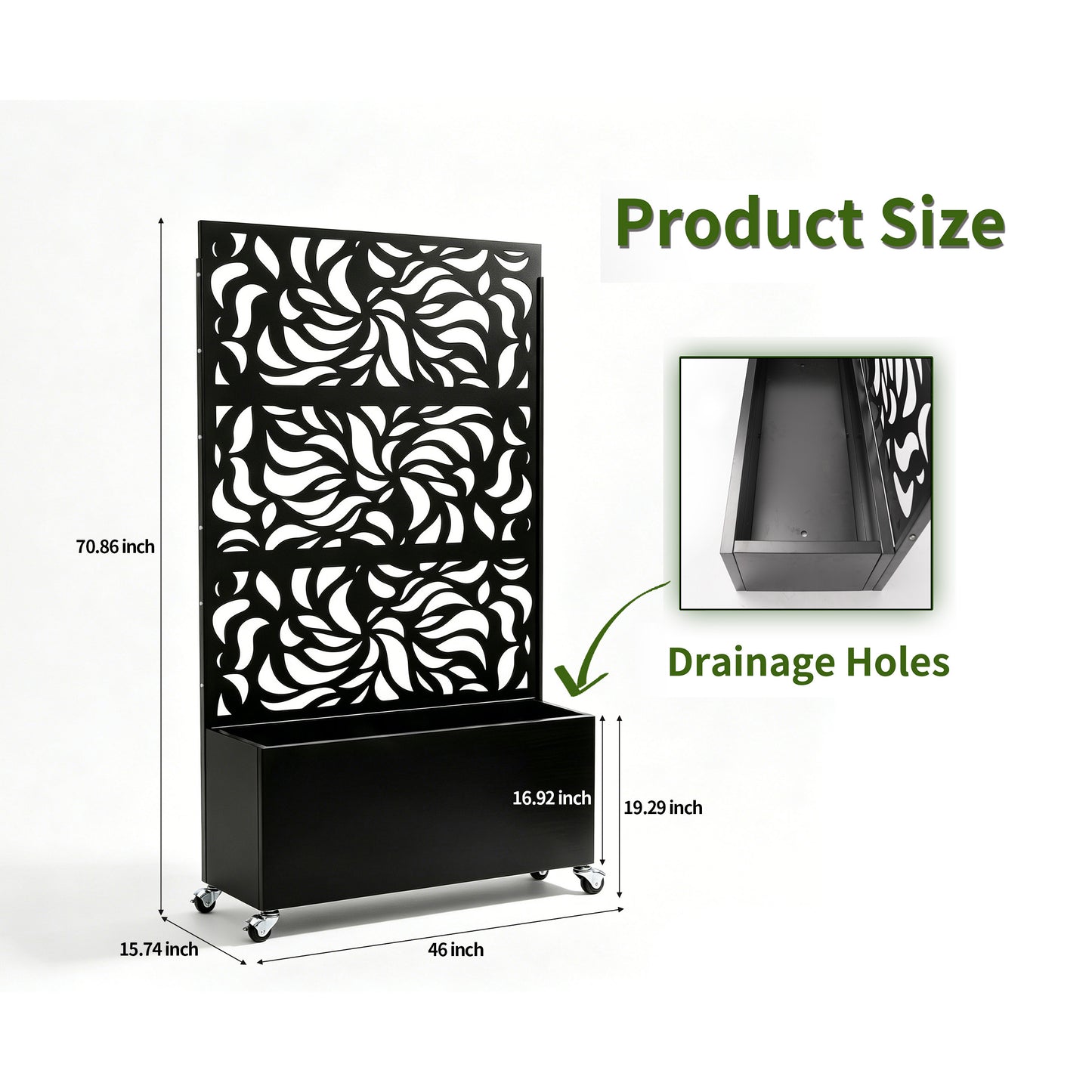 Leaf Pattern Privacy Screen with Planter Box - Black Metal