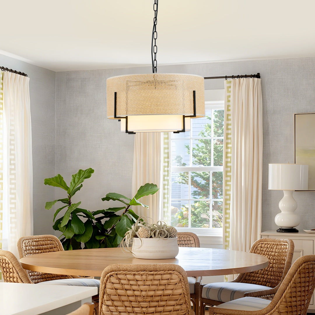 19.7in Farmhouse Boho Rattan Chandelier with Fabric Shade - 4-Light Pendant Light for Dining Room Kitchen Bedroom