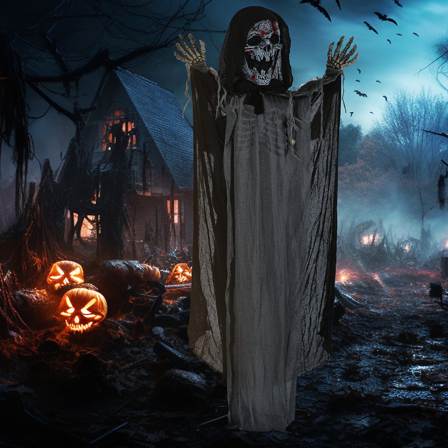 74" Life Size Animated Halloween Skeleton Witch Prop with Sound & Motion