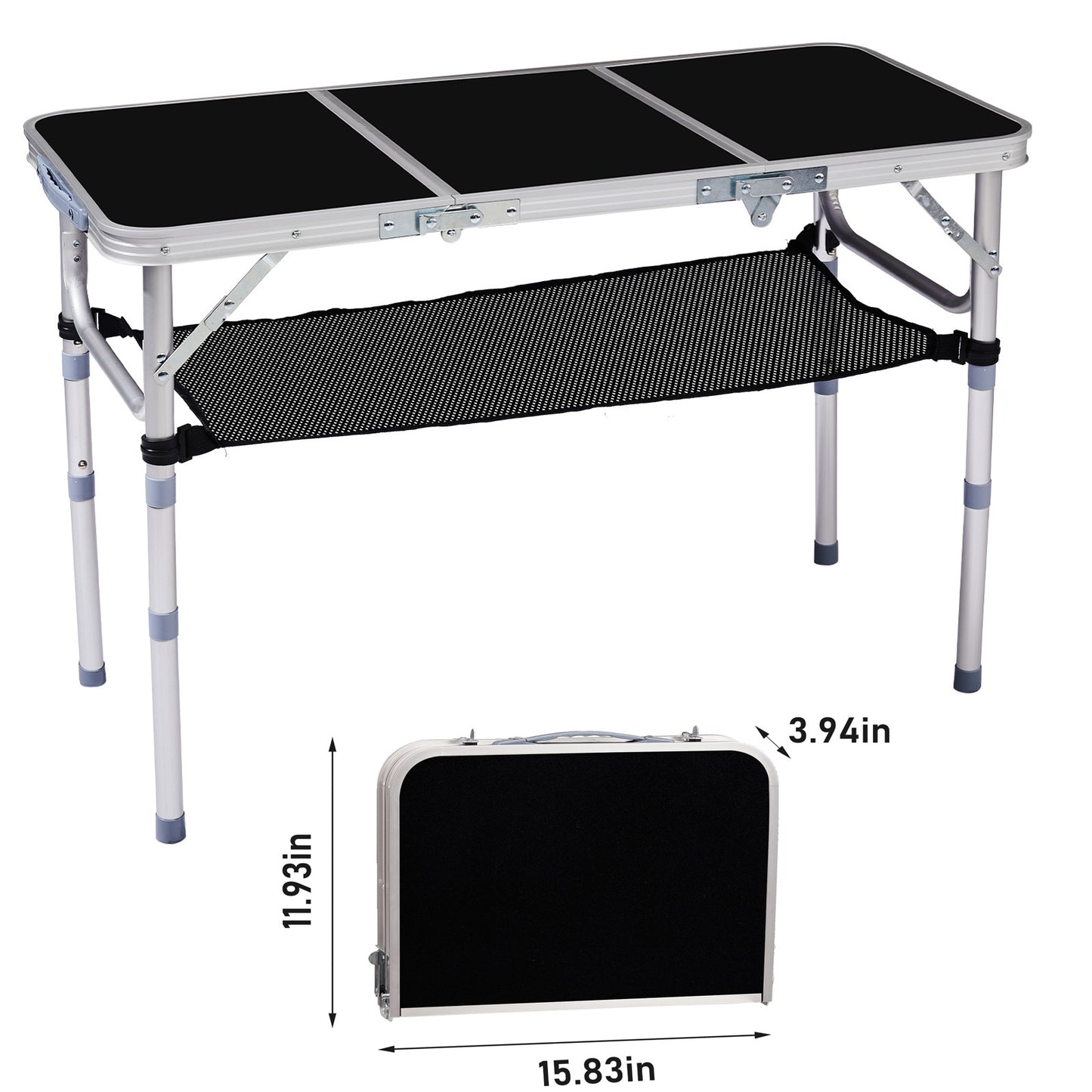 3ft Adjustable Height Foldable Camping Table with Storage Mesh - Black