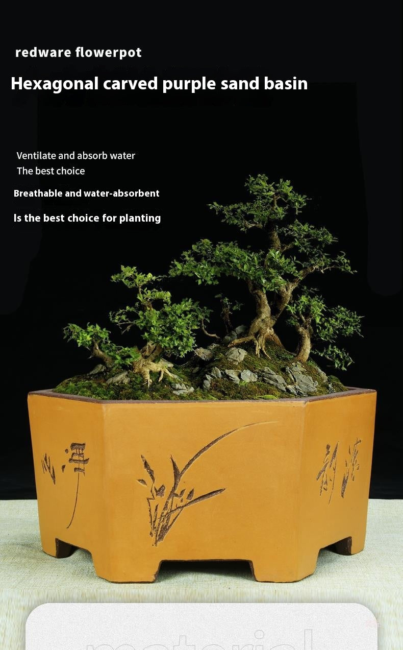 Large Hexagonal Ceramic Bonsai Basin with Purple Sand for Home Garden