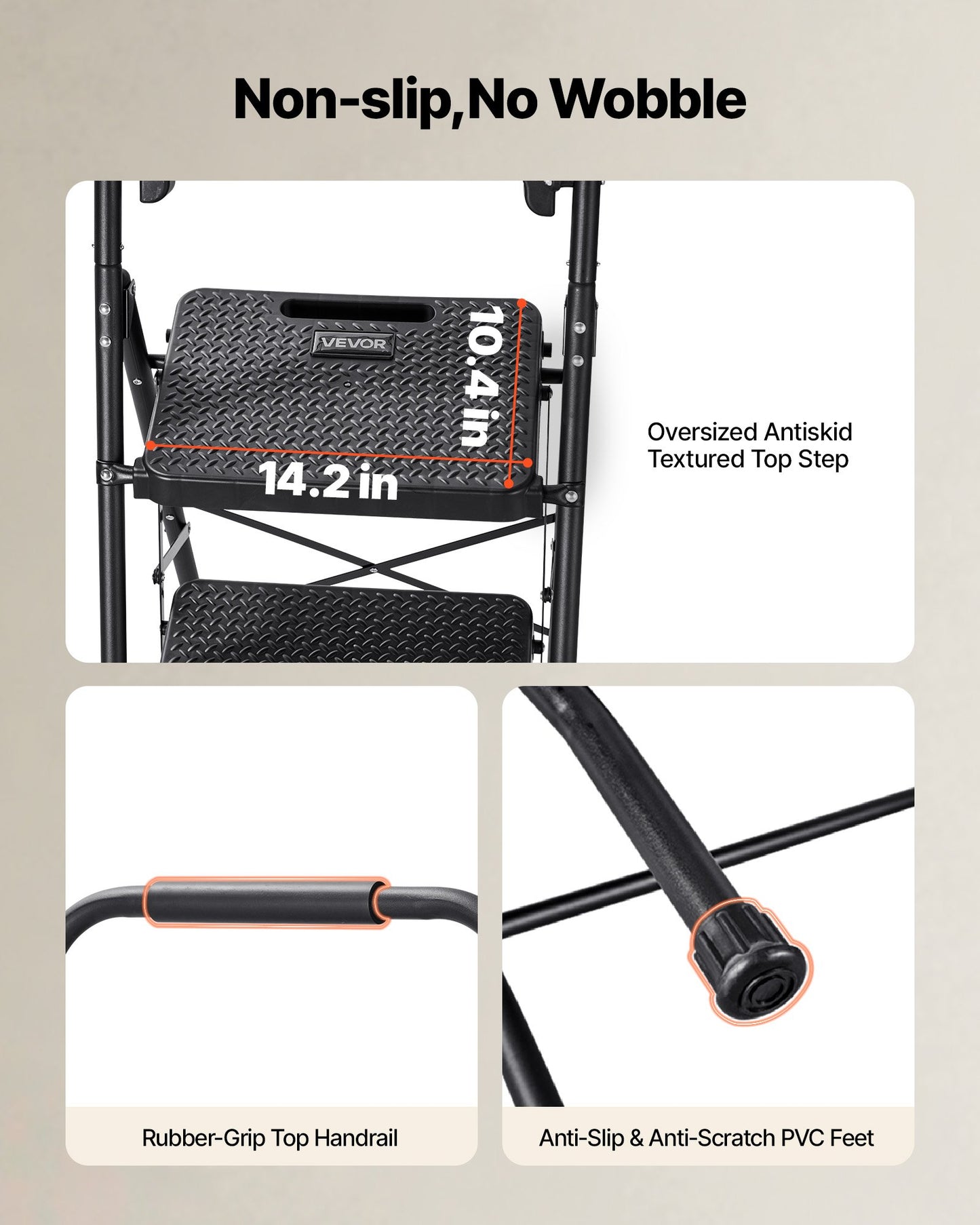 4-Step Folding Ladder with Anti-Slip Pedal and Tool Tray - Heavy Duty Steel, Black