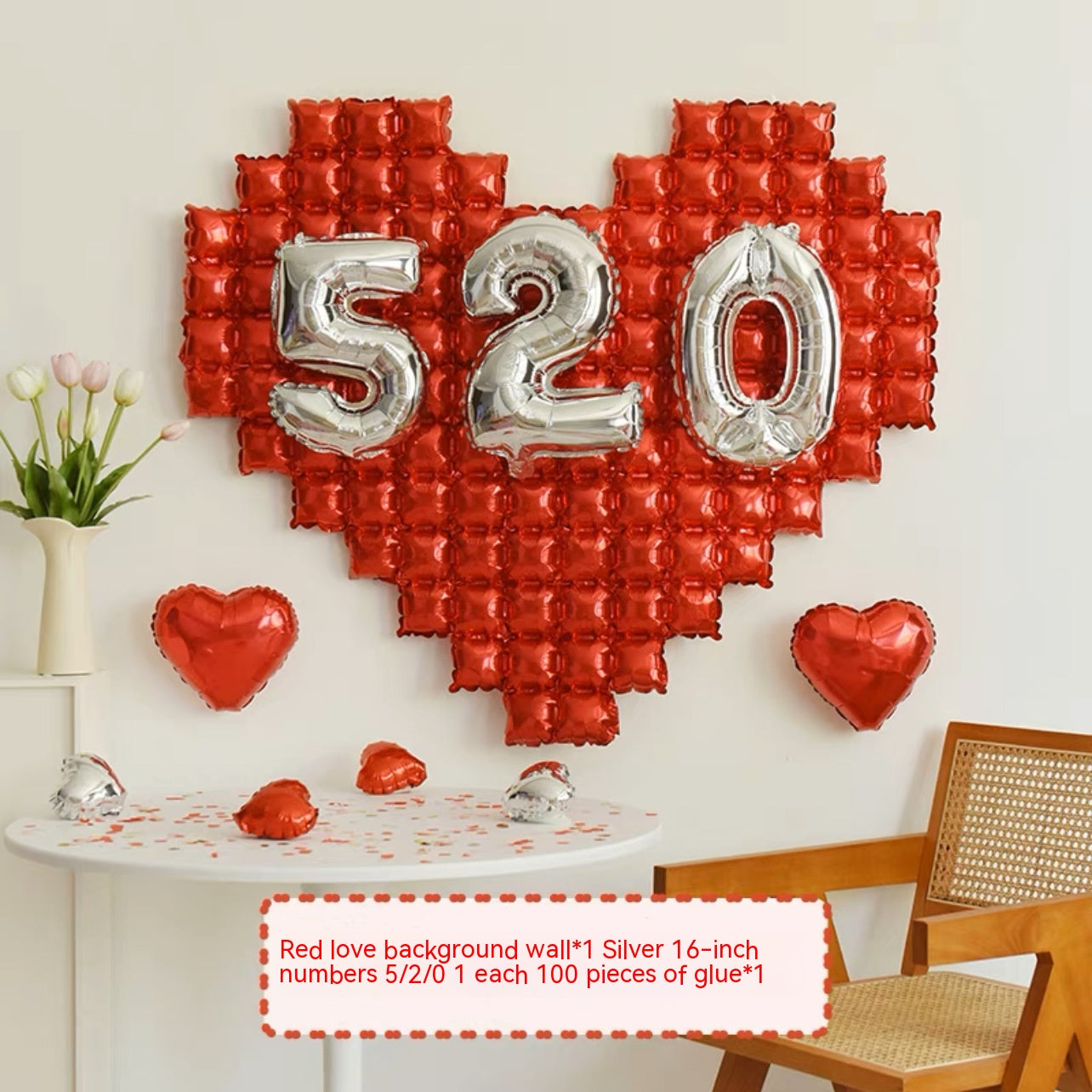 Large Birthday Party Wall Background Balloon - Red & Silver Heart Shapes