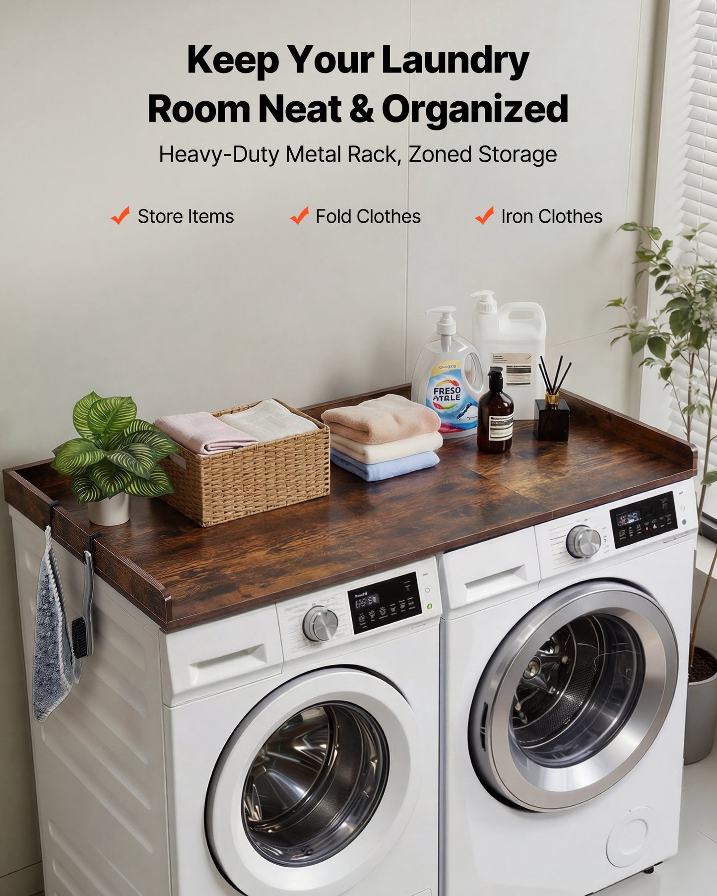 Wooden Washer Dryer Countertop with Edge & Hooks - Water-Resistant Laundry Surface, 54x27.5 in