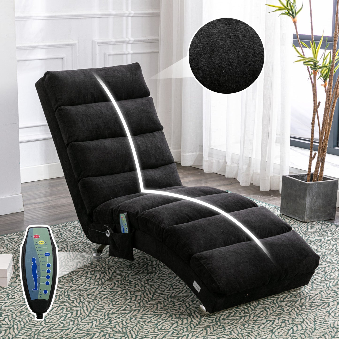 Luxury Upholstered Chaise Lounge Chair with Vibration - Black