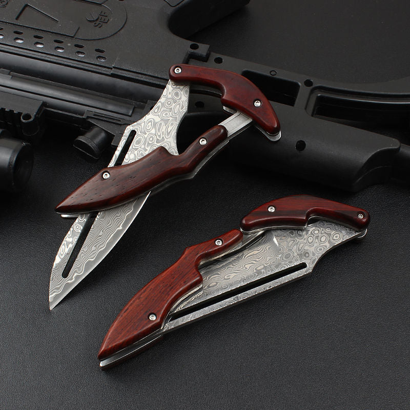 Portable Folding Camping Knife with Damascus Steel Blade and Wood Handle