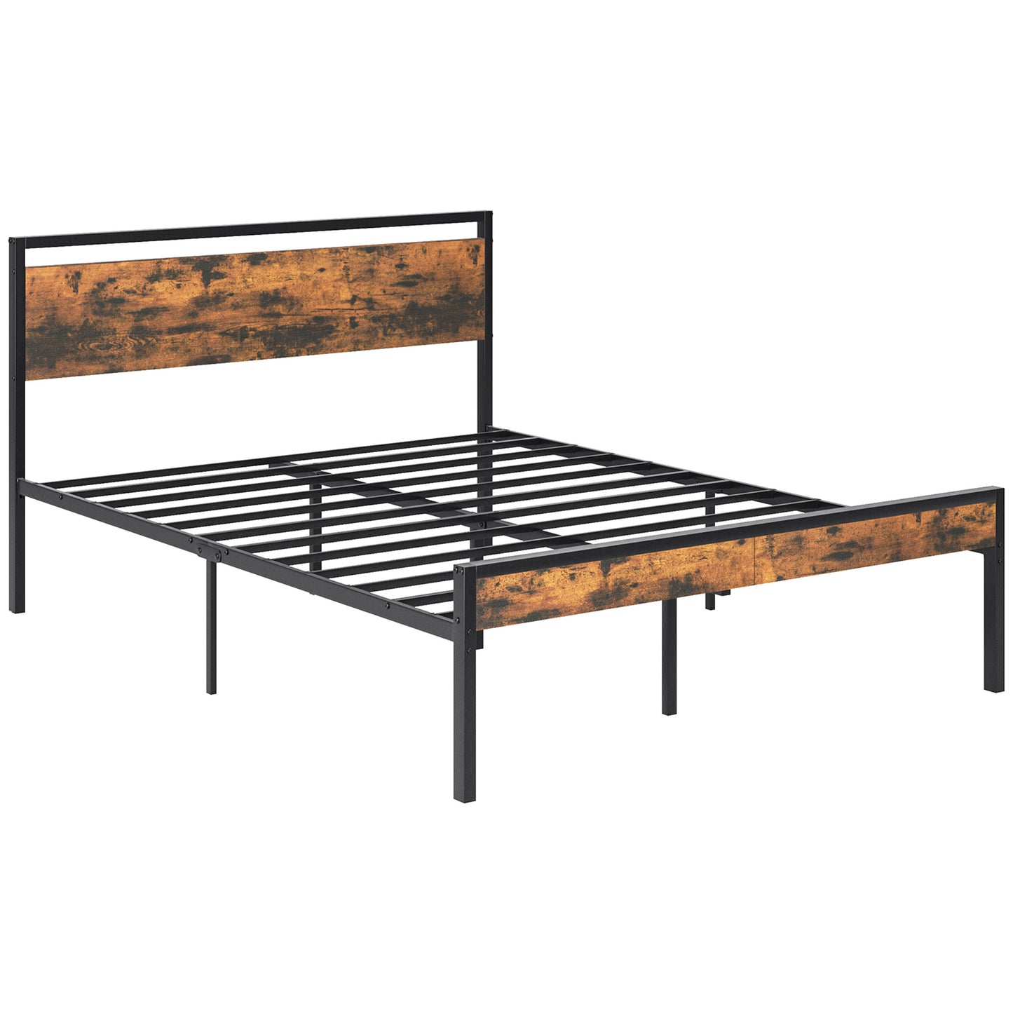 Heavy-Duty Metal Platform Bed with Wooden Headboard and Storage