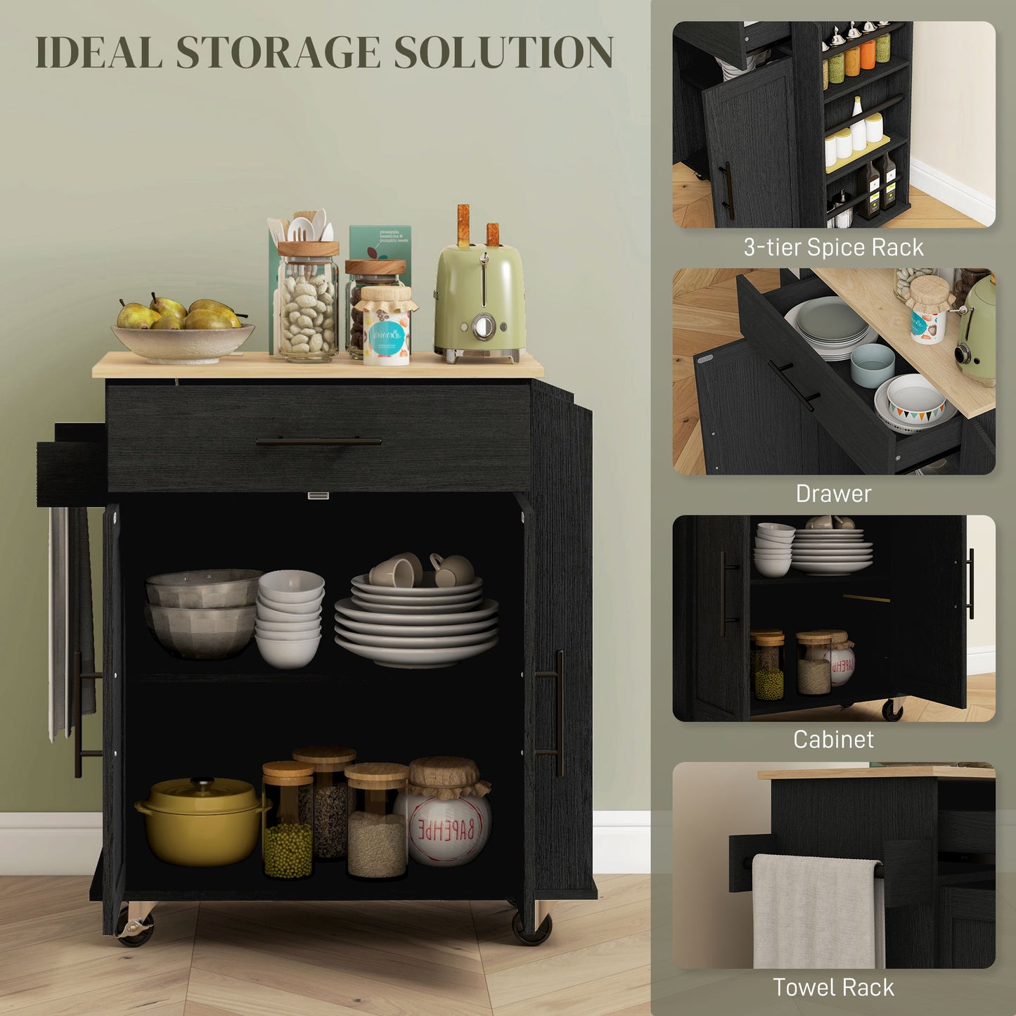 Rolling Kitchen Island Cart with Power Outlets & Storage - Black