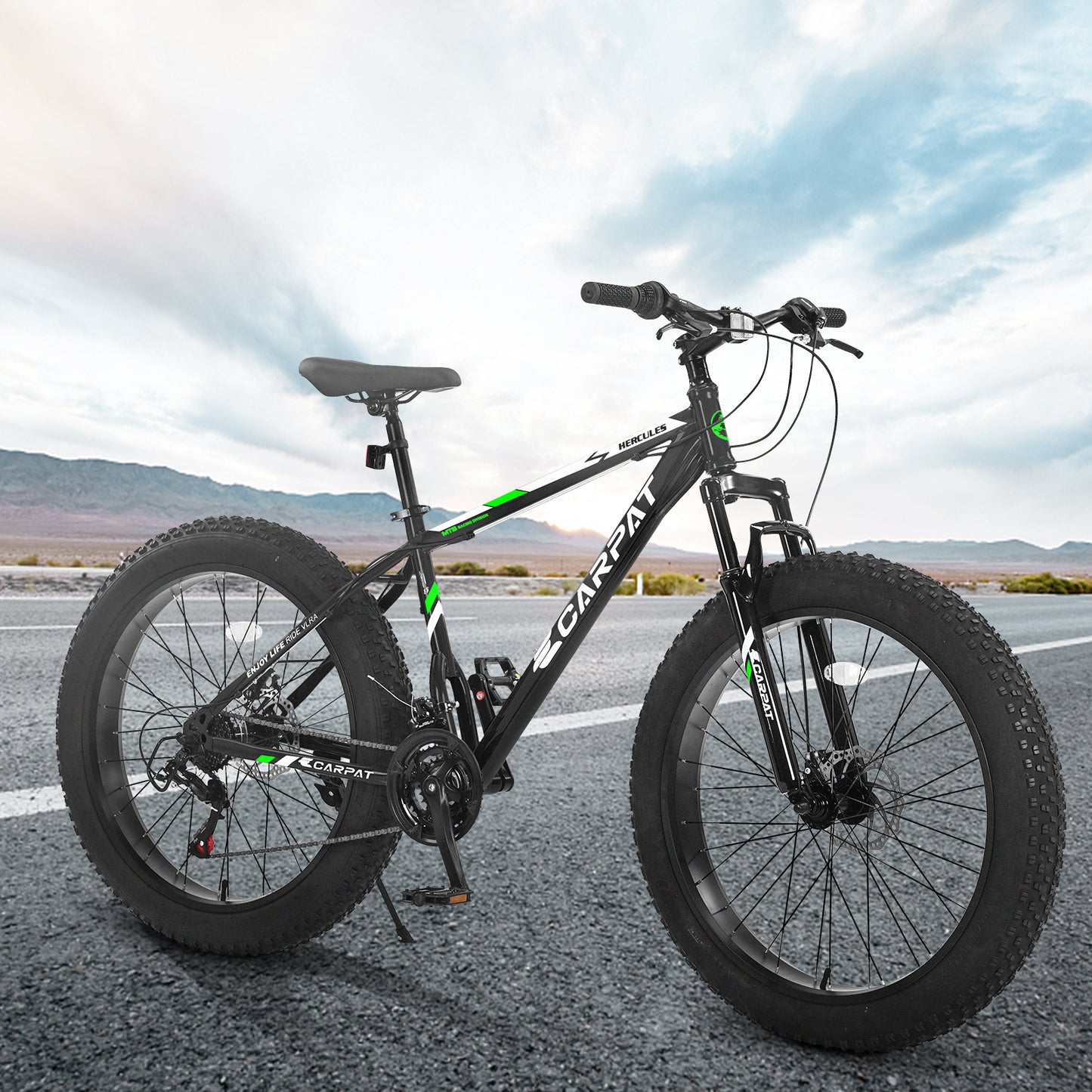 26 Inch Fat Tire Mountain Bike - Full Shimano 21 Speed, Dual Disc Brakes