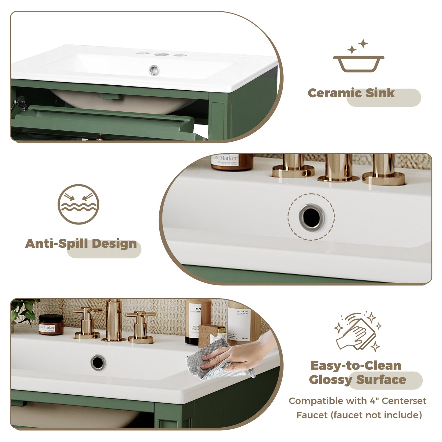 24'' Green Bathroom Vanity with Ceramic Sink & Storage Drawers