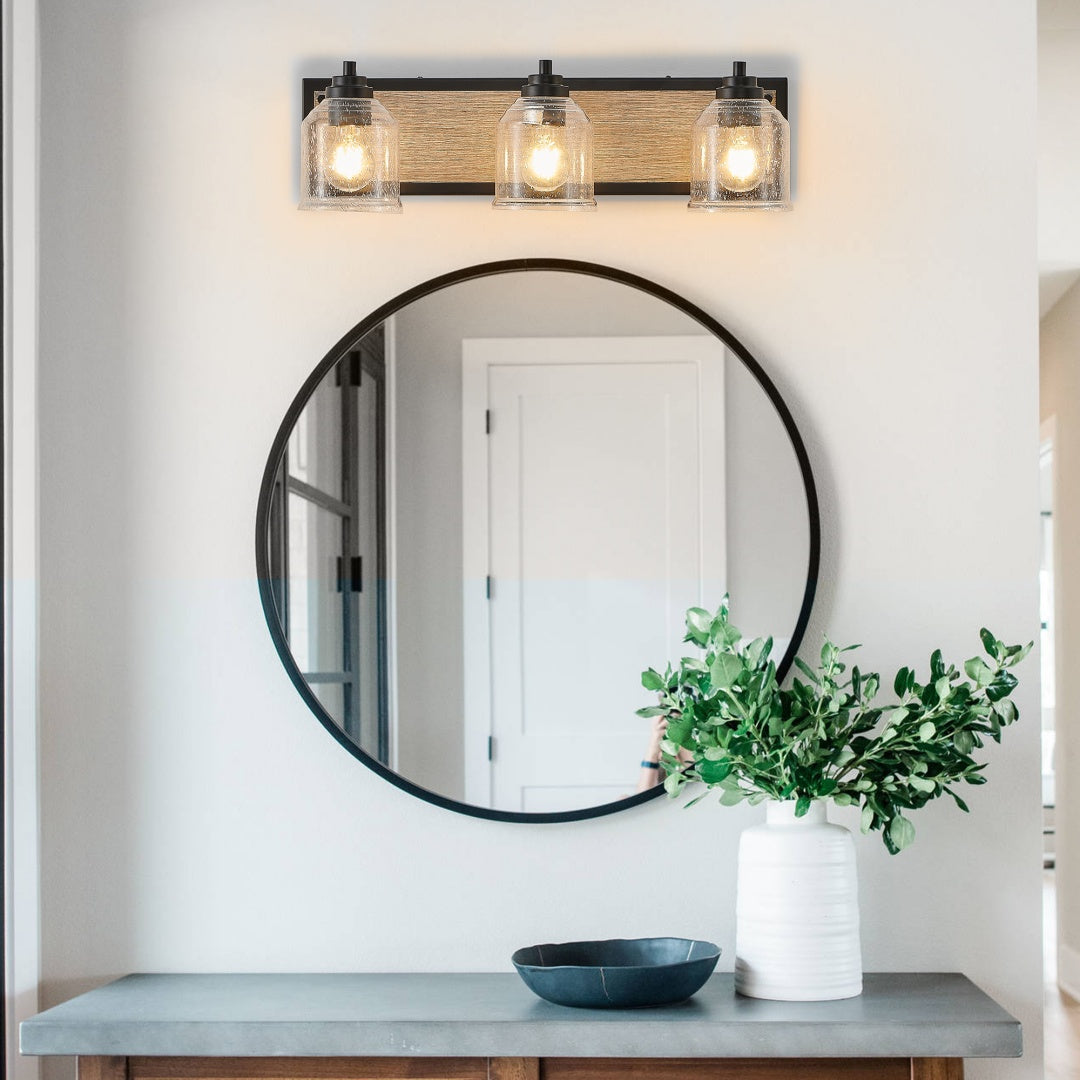 3-Light Farmhouse Vanity Light Fixture - Black & Wood Grain