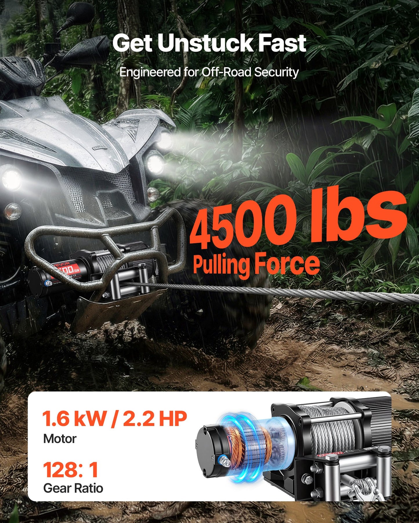 4500 Lb Electric Winch 12V DC for ATV UTV Off-Road with Steel Rope & Wireless Remote