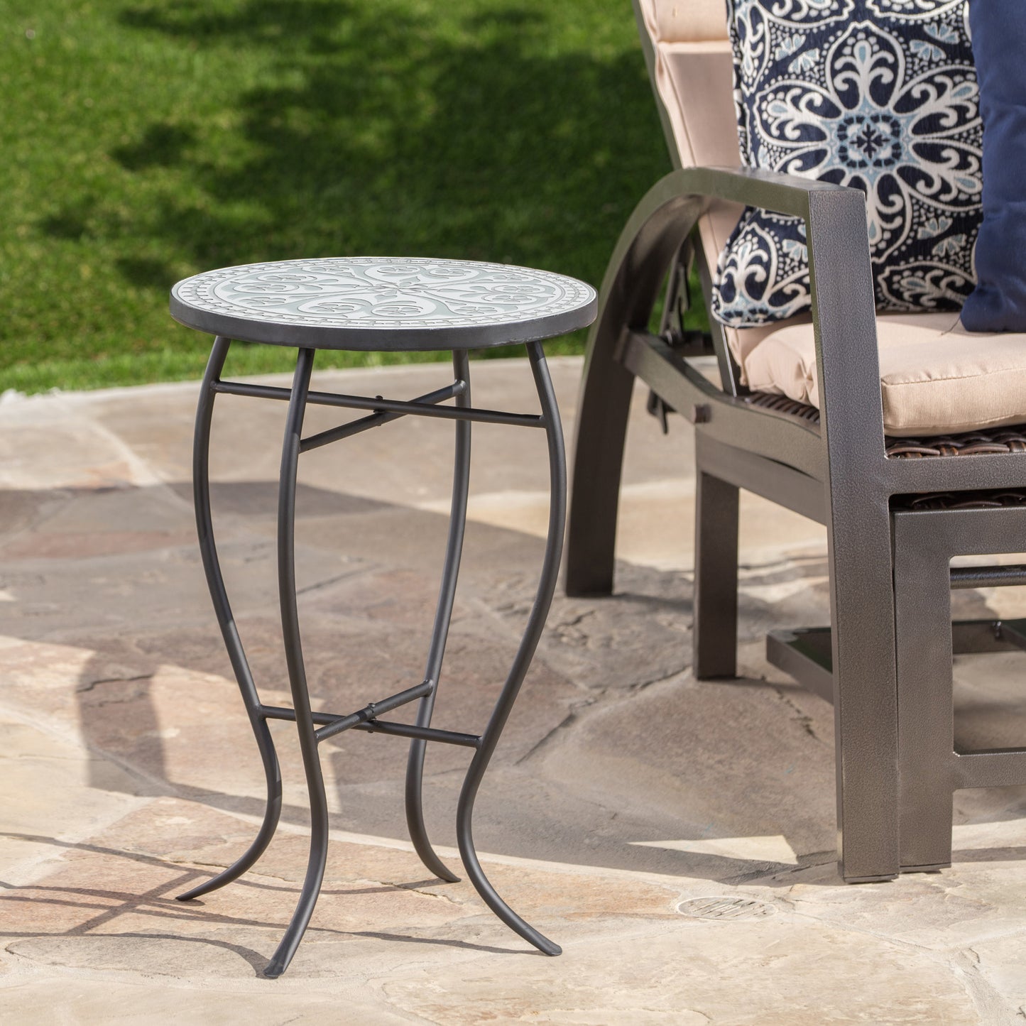 Outdoor Round Side Table with Mosaic Top & Curved Iron Legs - Grey & Black