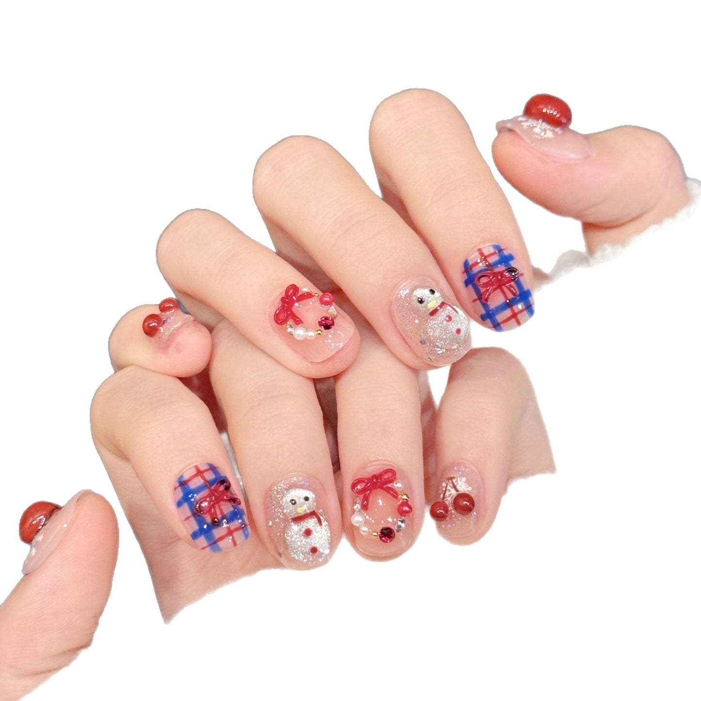 Cherry Snowman Wearable Nail Stickers with Plaid Bow Design - Short Style