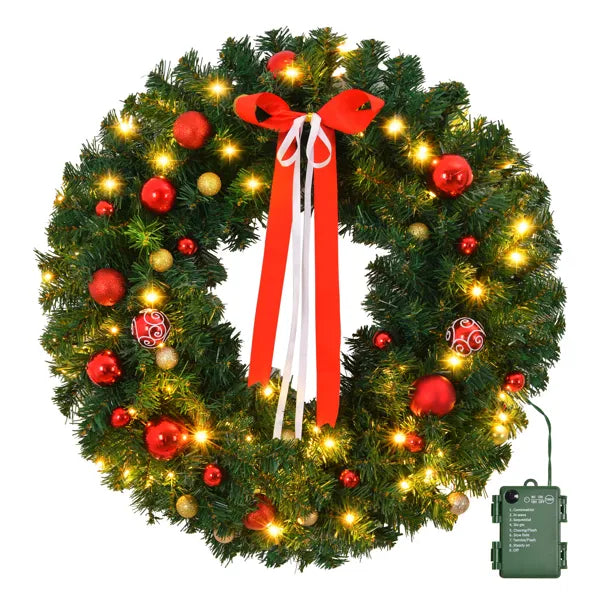 36-Inch Pre-Lit Battery Powered Christmas Wreath with 80 Warm Lights & 18 DIY Ornaments